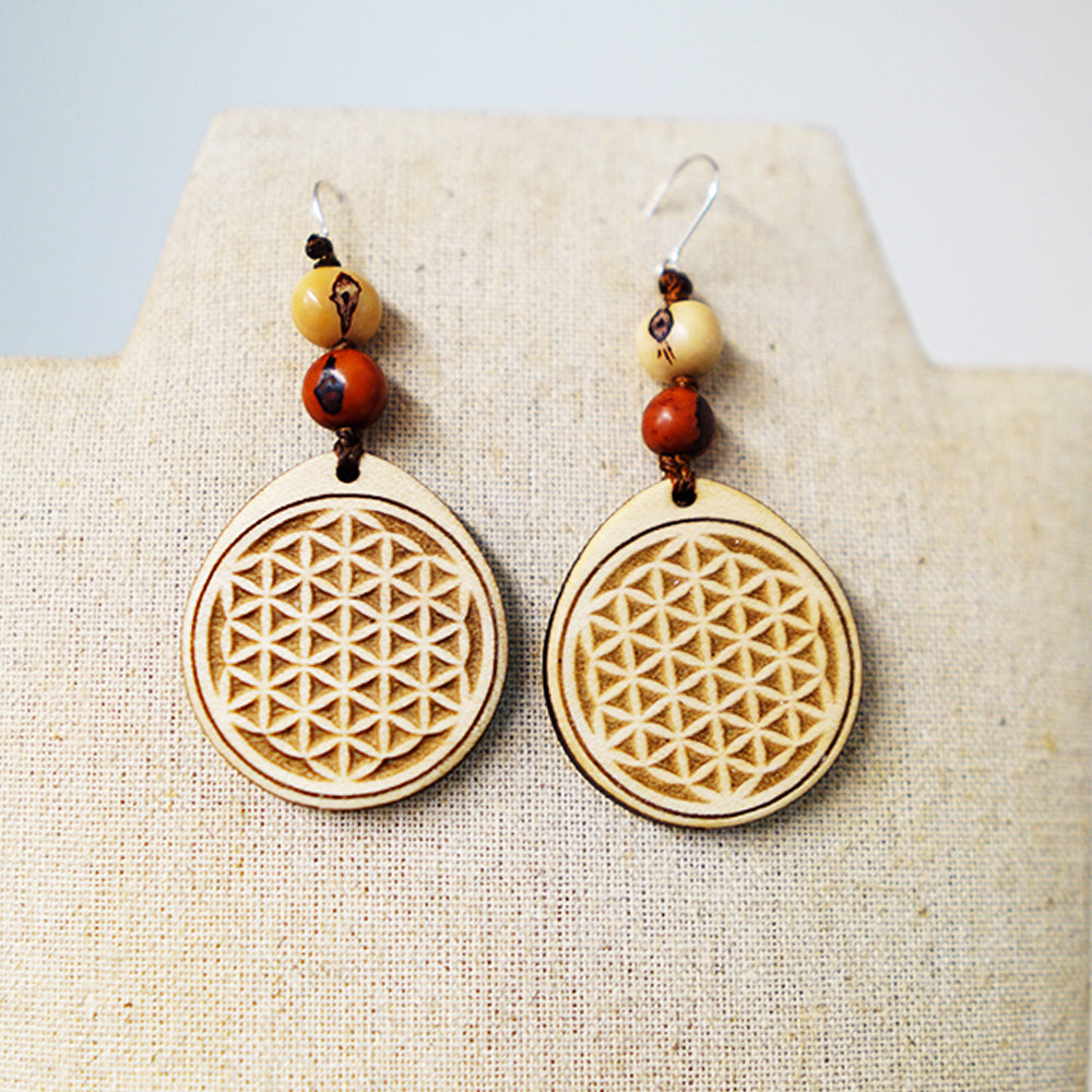 Pendientes Flor de la Vida Bolitas Madera Arce Trinity