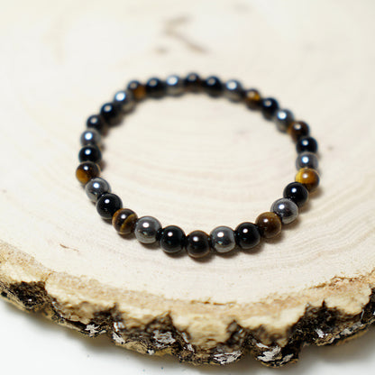 Pulsera de piedras Triple Protección Obsidiana Hematita y Ojo de Tigre
