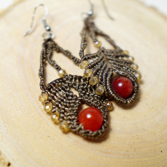 Pendientes de Macramé Raices con Piedra Jaspe Rojo