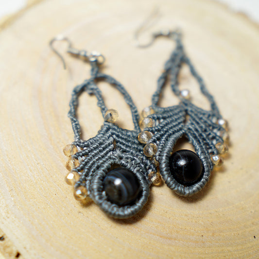 Pendientes de Macramé Raices con Piedra Obsidiana