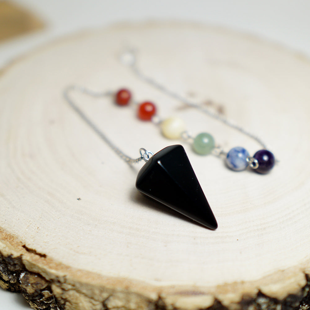 Péndulo 7 Chakras con Piedra Obsidiana