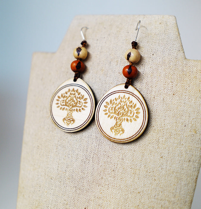 Pendientes Árbol de la Vida Bolitas Madera Arce Trinity